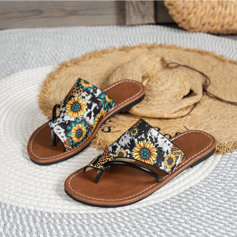 Ethnic Print Thong Sandals Woman Stylish Sunflower Flip Flops Ladies Summer Outdoor Casual Flat Open Toe Mule Shoes Plus Size