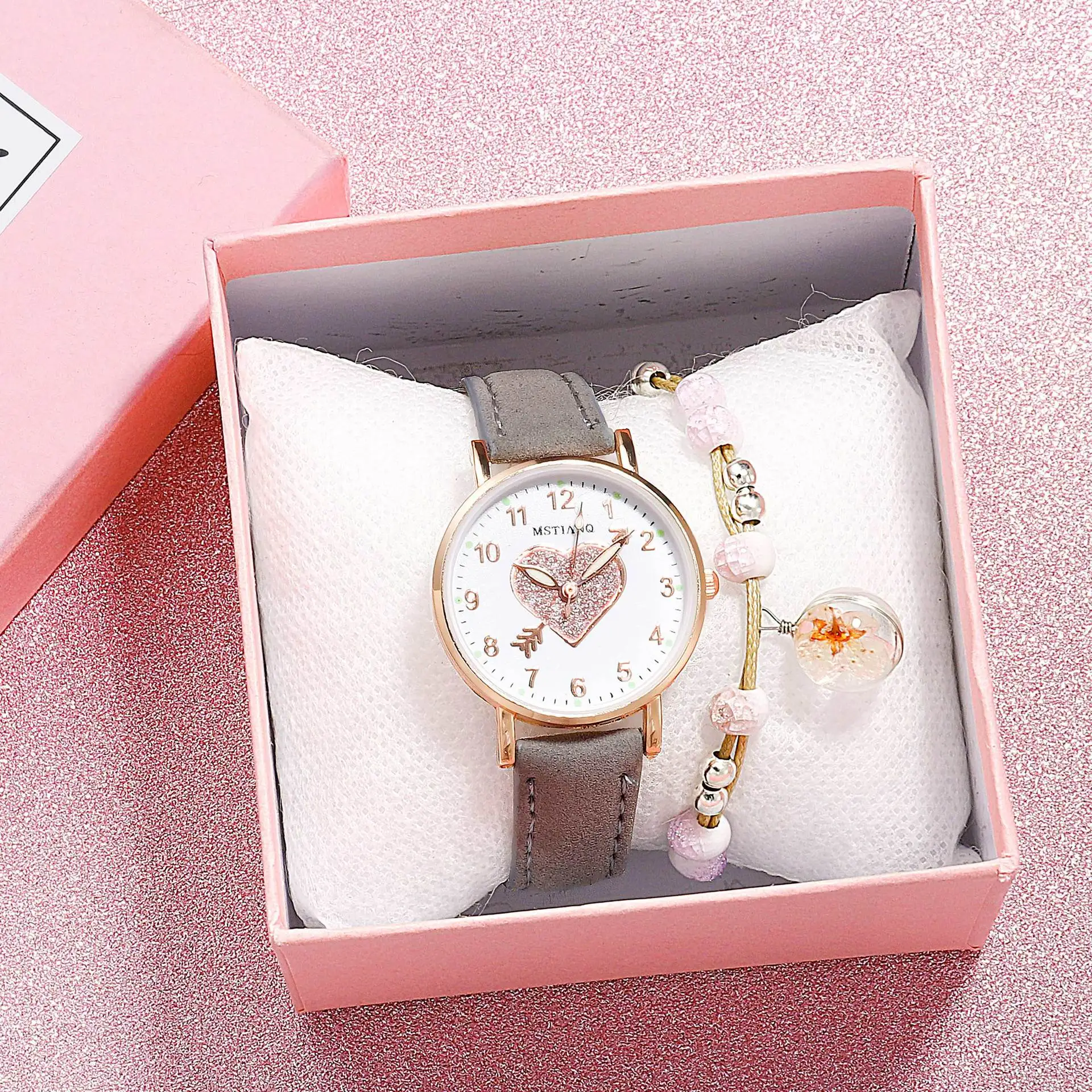 

Fashion Women Watches Heart-shaped Children students Bracelet Set Watch Casual Leather Quartz Wristwatch Clock