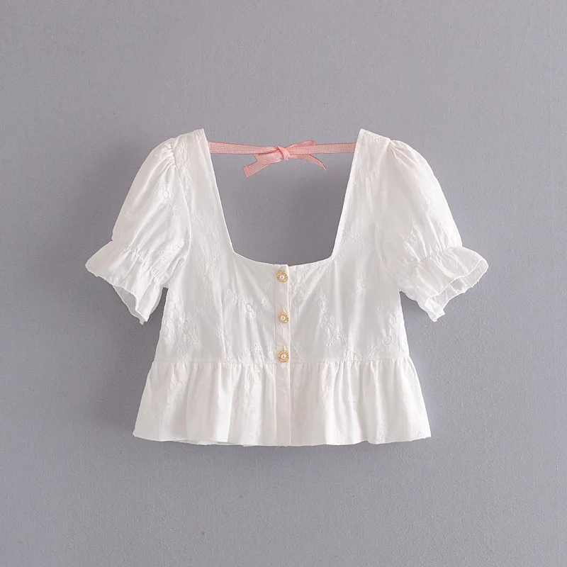 

Высококачественная рубашка с вышивкой и оборками по краям, рубашка с пузырьковым рукавом и квадратным вырезом, короткая блузка, рубашка, Топ