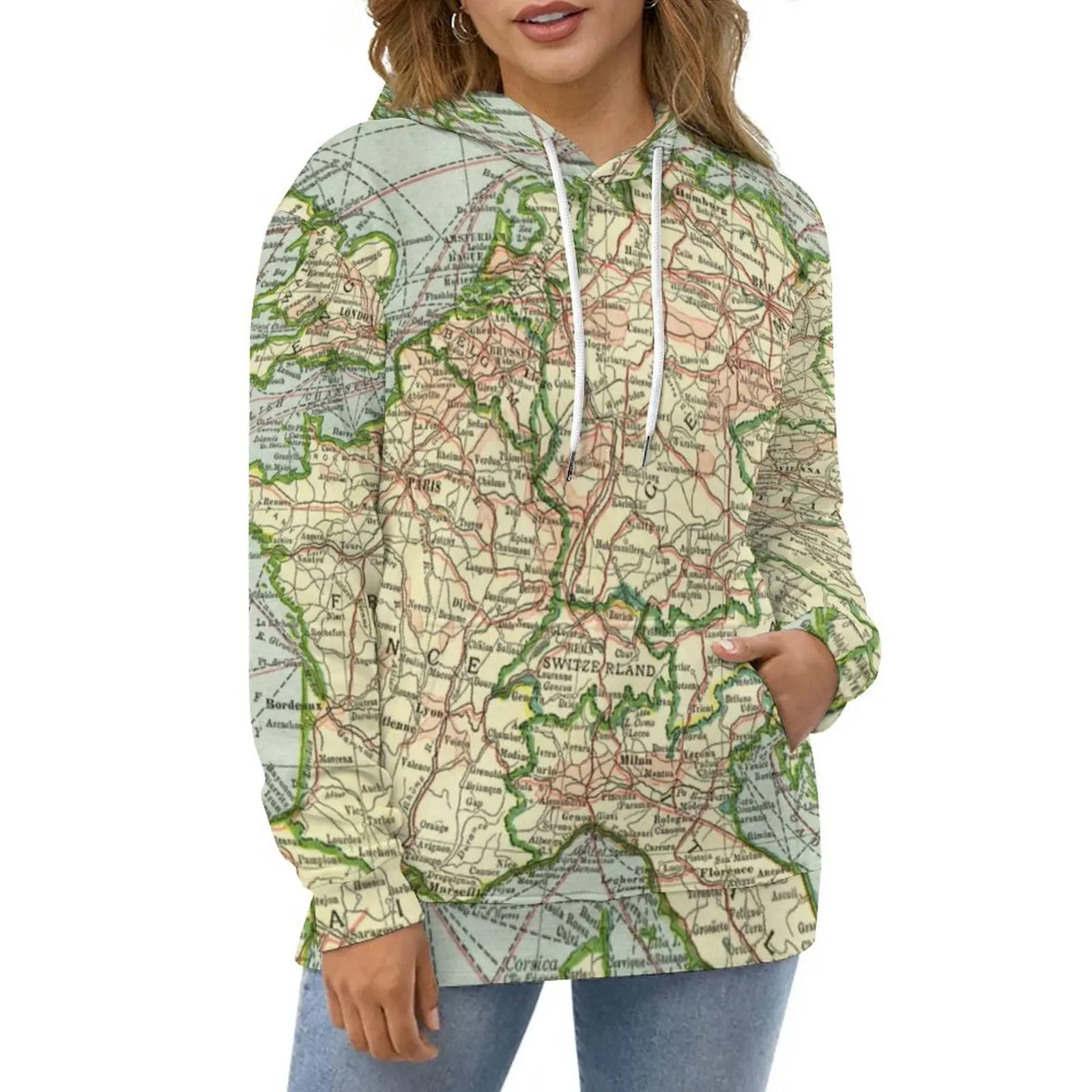 

Vintage Europe Map Hoodies Long Sleeve Old World Maps Cool Casual Hoodie Spring Hip Hop Oversize Pattern Loose Sweatshirts