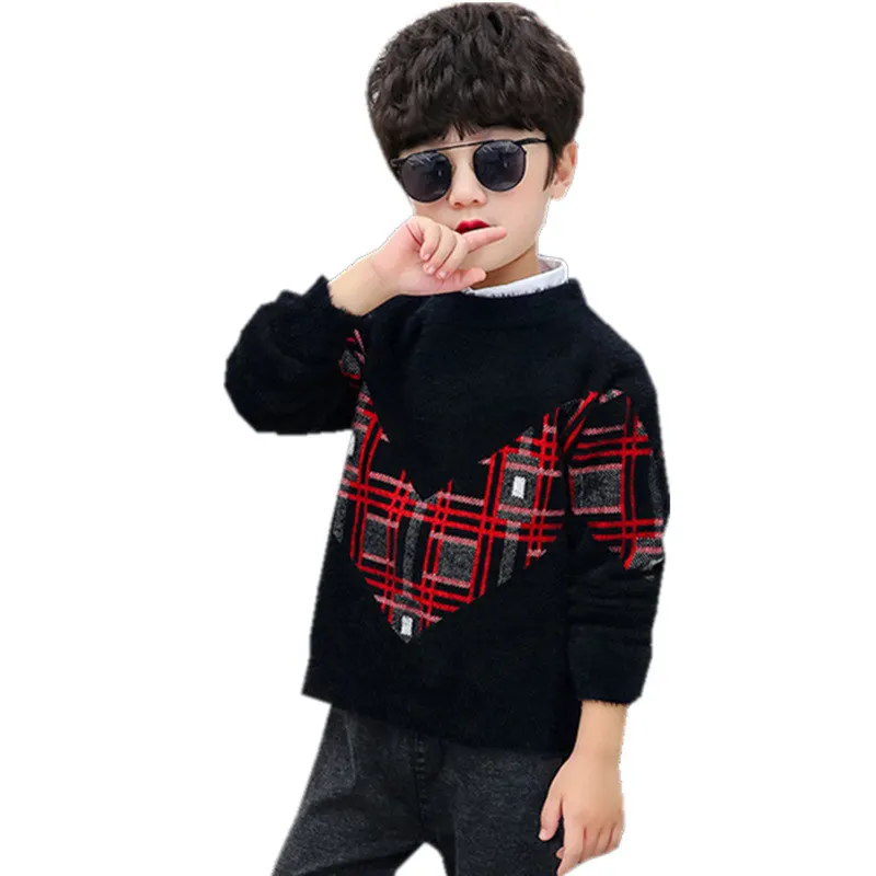 

Осенняя детская одежда для мальчиков, свитеры из норковой шерсти, повседневный стиль, мягкий пуловер, модные черные свитеры с принтом, детск...