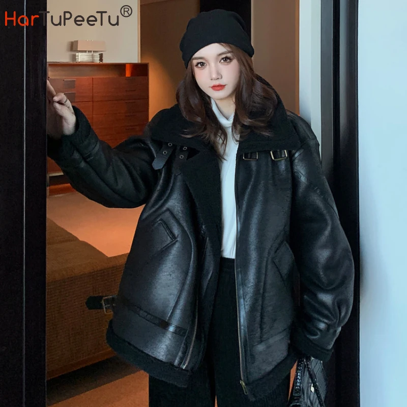 Forst Winter Women Leather Jacket with Shearling Lamb Fur 2023 New Faux Suede Coat Black Brown Thick Warm Motorcycle Top