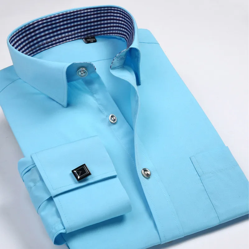 2017 Men's Luxury French Cuff Solid Color Dress Shirts New Patchwork Plaid Neck Long Sleeve Classic-fit Formal Shirt M569