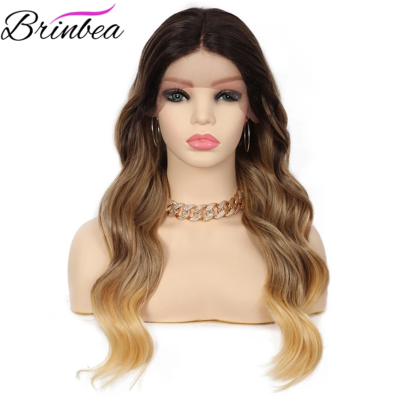 

Brinbea Synthetic 24" Lace Frontal Wigs for Women Long Body Wavy Wigs Middle Part Natural Looking Omber Blonde Lace Front Wig