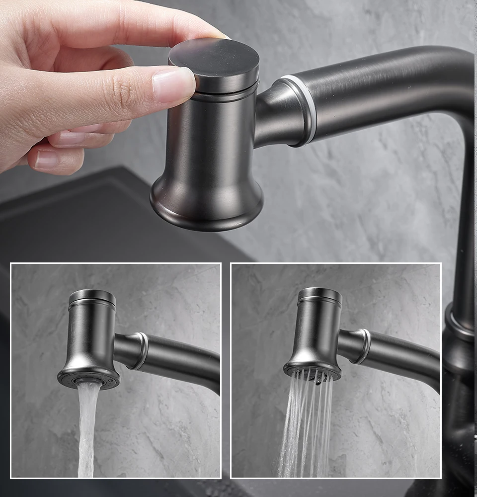 

Матовый серый Роскошный кухонный кран в стиле ретро, выдвижной вращающийся смеситель для раковины, смеситель с вмонтированным потоком, кра...