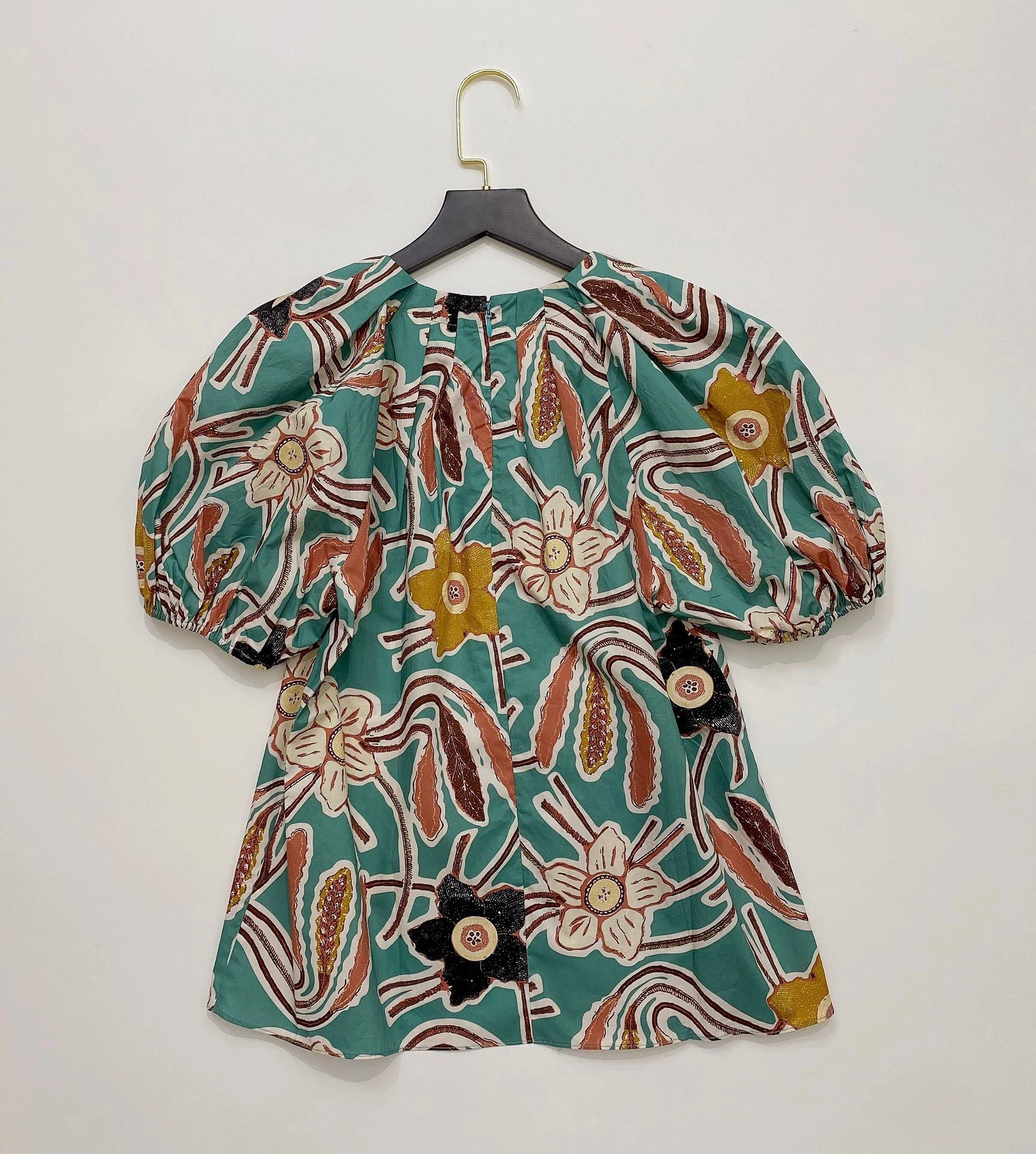 

Women Lantern Short Sleeve Retro Print 100% Cotton Top Shirt