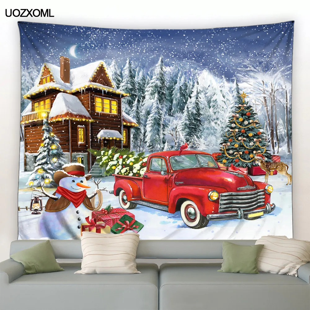 Christmas Tapestry Red Truck Xmas Tree Snowman Winter Forest Landscape New Year Holiday Home Living Room Decoration Wall Hanging