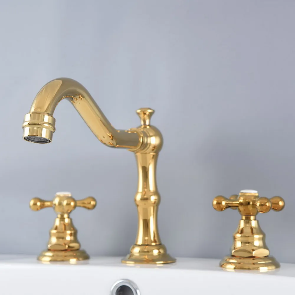 

Polished Gold Color Brass Deck Mounted Dual Handles Widespread Bathroom 3 Holes Basin Faucet Mixer Water Taps mnf983