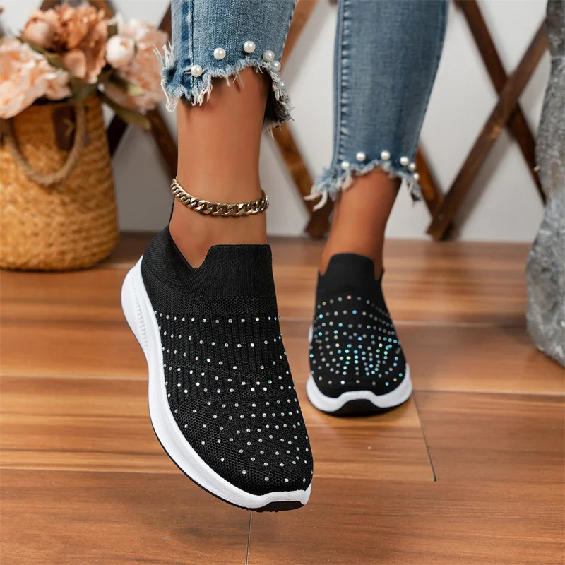 2023 New Crystal Breathable Mesh Sneaker Shoes for Women Comfortable Soft Bottom Flats Plus Size 43 Non Slip Casual Shoes Woman