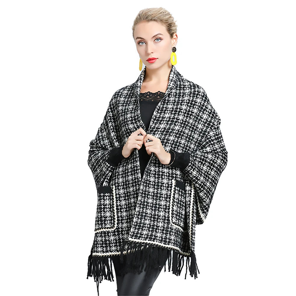 

Women's Mink Cashmere Feel Shawl Lady Luxury Long Sleeve Wrap Autumn Winter Vintage Faux Fur Cloak Classic Plaid Warm Overcoat