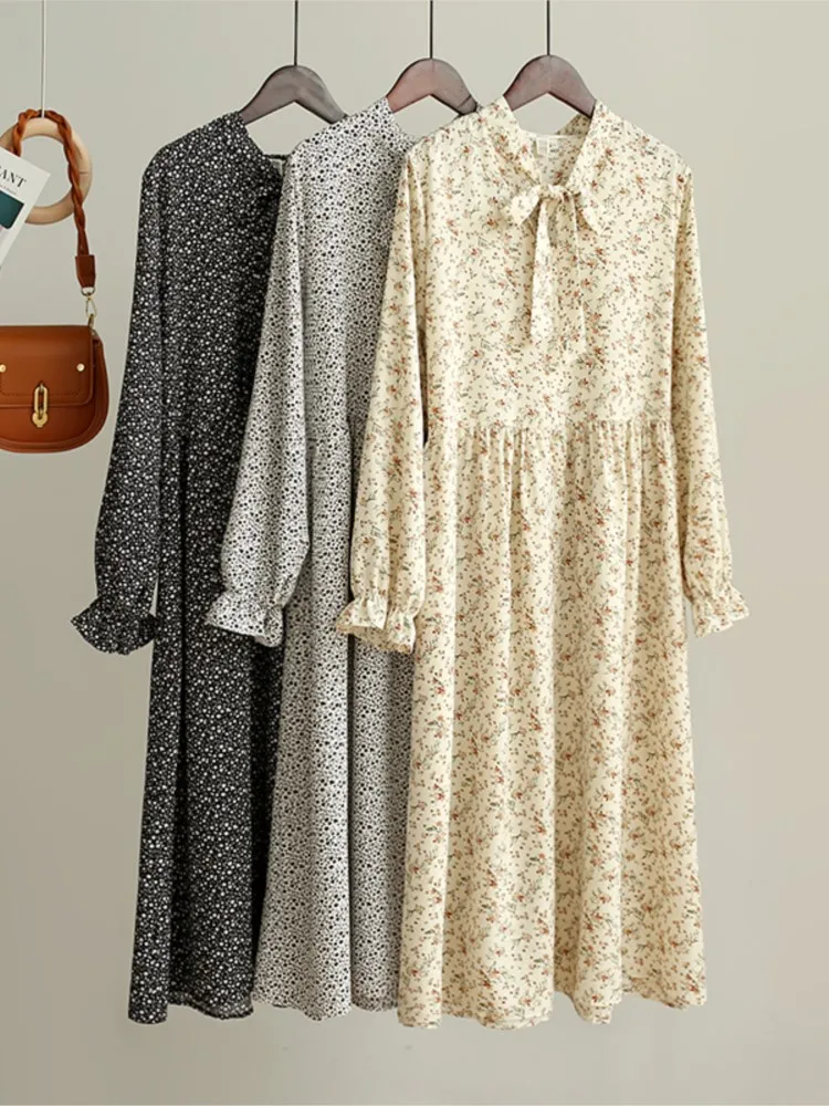 

Женское винтажное платье с цветочным принтом, V-образным вырезом и длинным рукавом