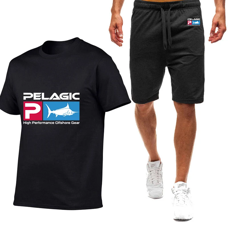 

Pelagic Fishing Men's New Summer Hot Sale 2 Pieces Clothing Sportswear Fitness Fashion Print Shorts Casual T shirts Suits