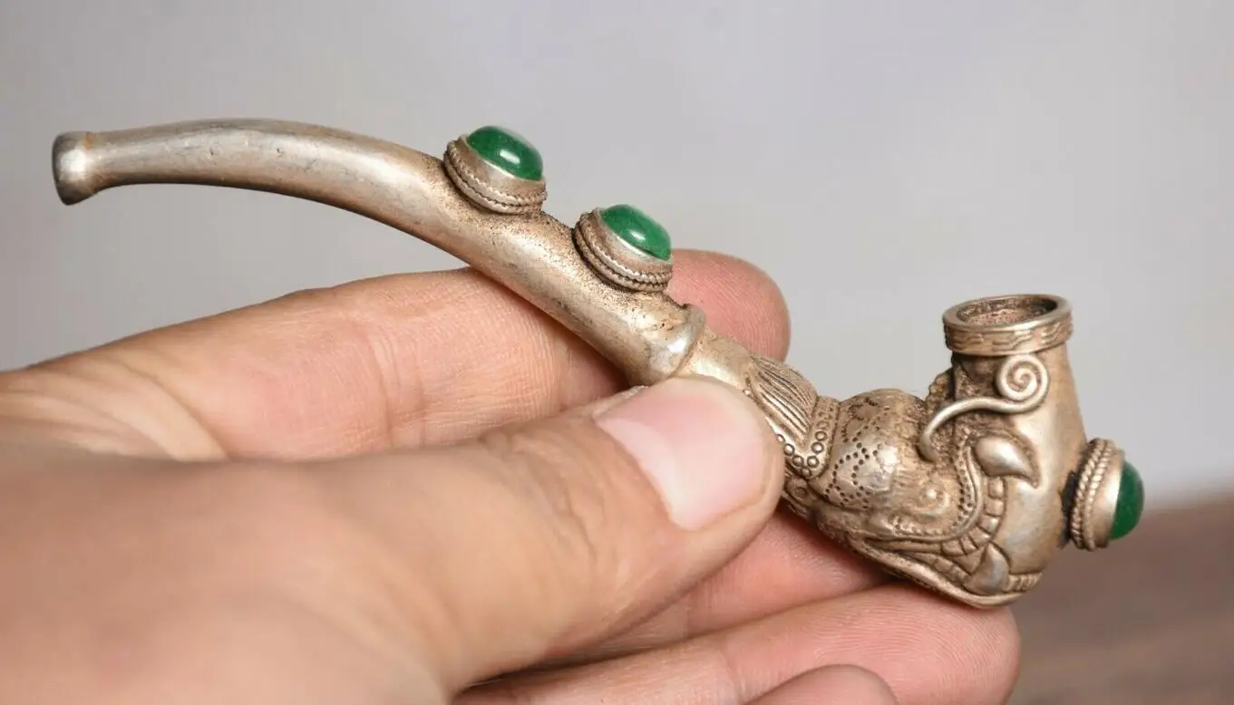 

4.4" Old Chinese Silver Inlay Green Jade Dynasty Dragon Head tobacco pipe