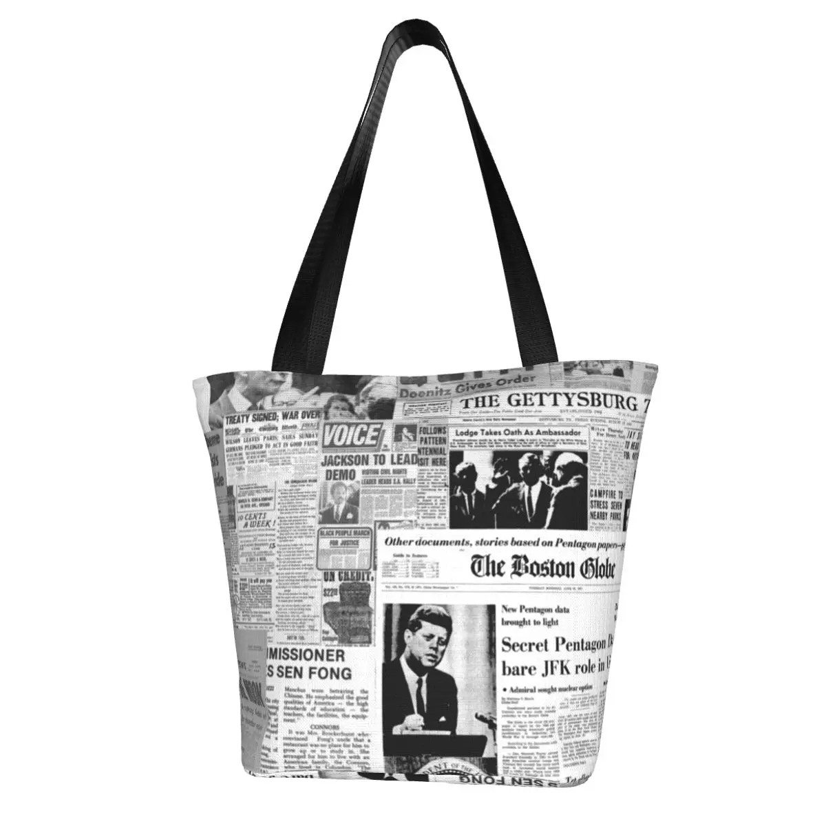 

Newspaper Collage Shopping Bag Old American Newspapers Office Cloth Handbags Female Fashion Funny Bags