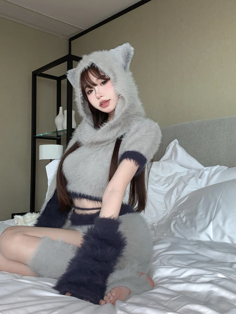 

Женский комплект из 3 предметов, теплый мягкий кашемировый костюм в Корейском стиле со съемными рукавами, свитер + юбка + шапка, осень 2023