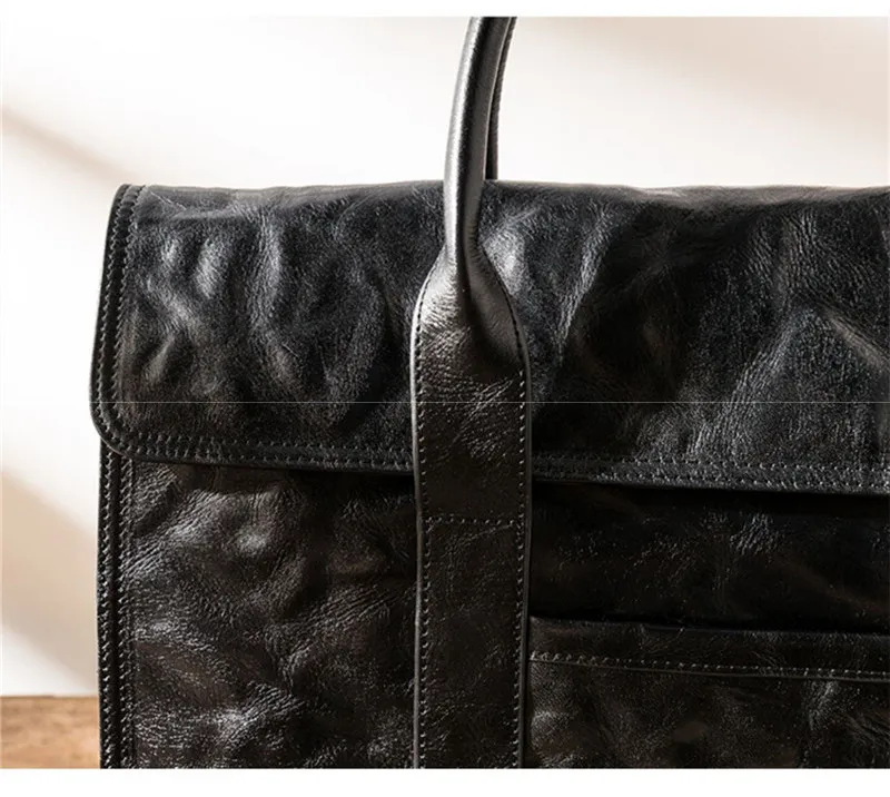 Vintage Casual High quality natural genuine leather men's black handbag Outdoor work laptop office real cowhide briefcase Youth
