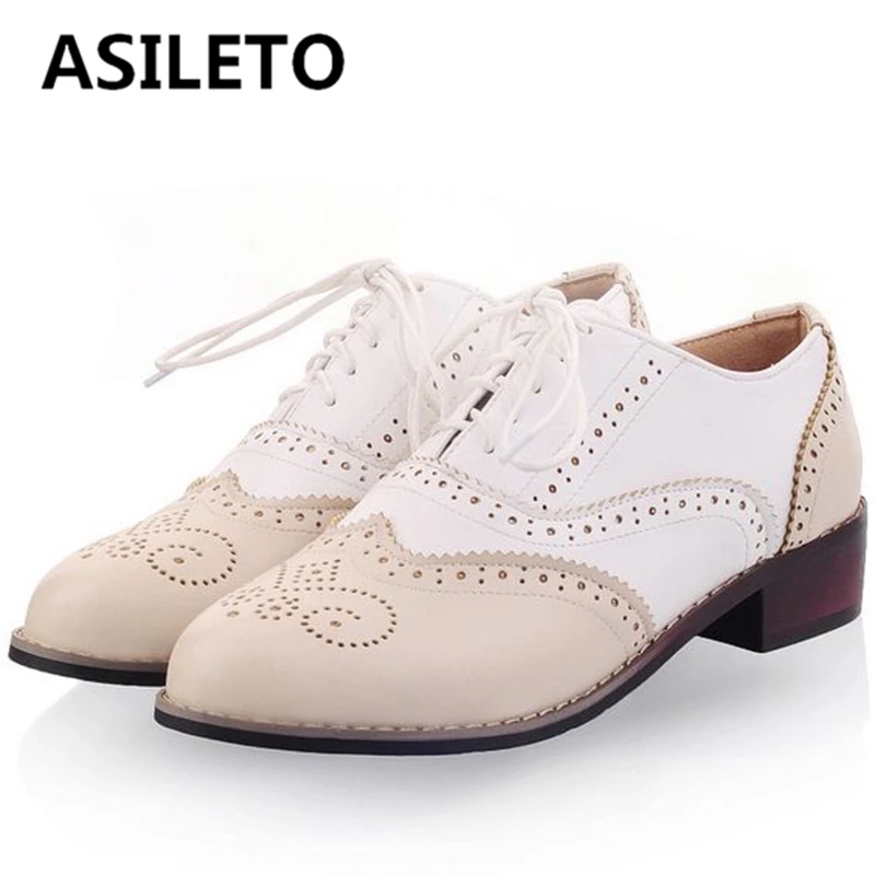 

ASILETO Fashion Style Spring Lady Pumps Block Heels Round Toe Splice Lace-up Casual Big Size 34-43 Mix Color Beige Brown A4594