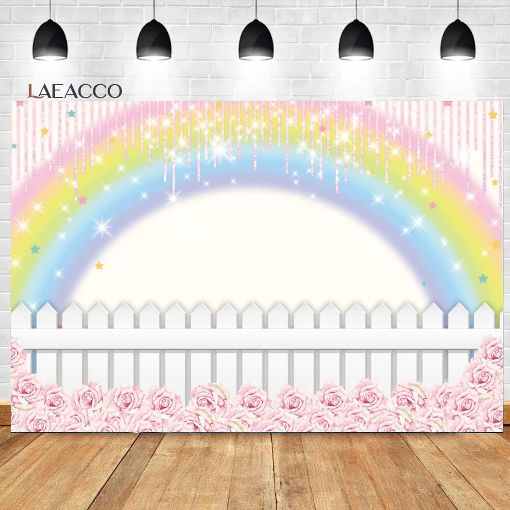 

Laeacco Rainbow Backdrop for Girl Birthday Party Glitter Star Pink Flower Baby Shower Portrait Customized Photography Background