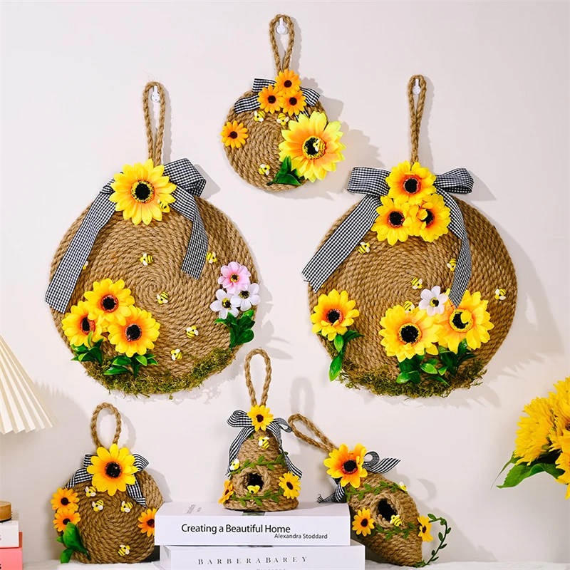 

Bee Festival Decorations Rope Knitting Honeycomb Pendant Bee Day Sunflower Bees Wall Decoration Door Pendant
