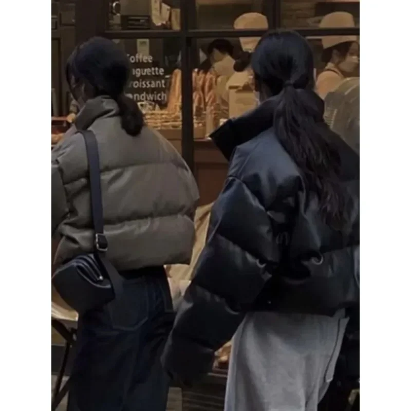 Пуховик из искусственной кожи с воротником-стойкой Южной Кореи одежда хлопковой