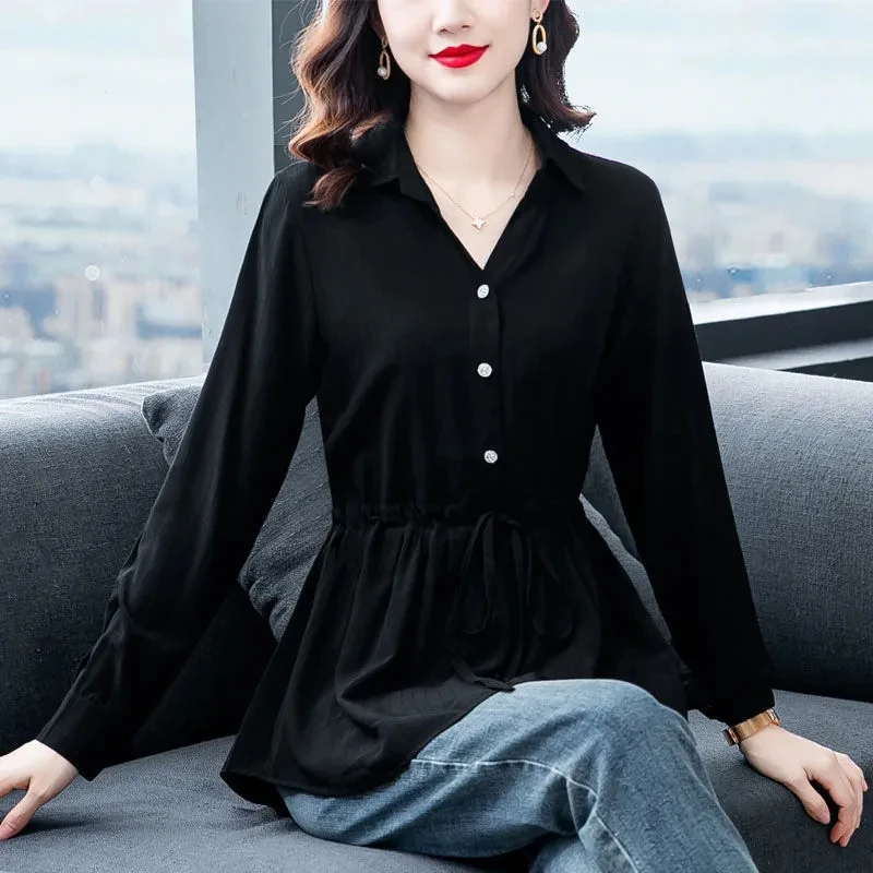 

Women Wear Ice silk Cotton Lace-up Shirt Summer Style Loose Cover Belly Collection Waist Top Shirt Large Size Medium Length Thin