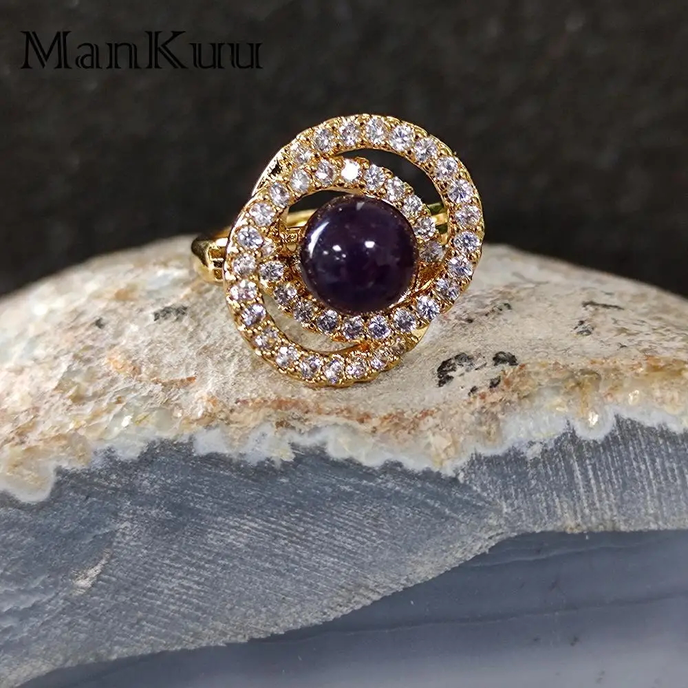 

Mankuu Natural Amethyst Semi Pore Beads And 18K Copper Plated Micropaved Zircon Setting Combination Ring 2022