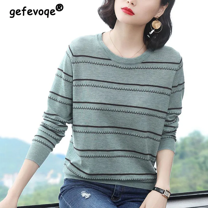 

Sweater Women Fall Winter Stripe Spliced Knitted Sweater Korean Fashion 2022 Pullover Sweaters Female Clothes Loose O-Neck Tops
