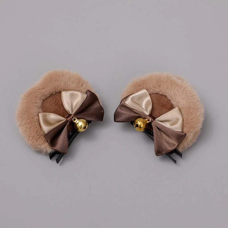

Handmade Faux Fur Bear Ears Hair Clip Sweet Double Bowknot Bell Plush Animal Hairpins Cosplay Barrettes