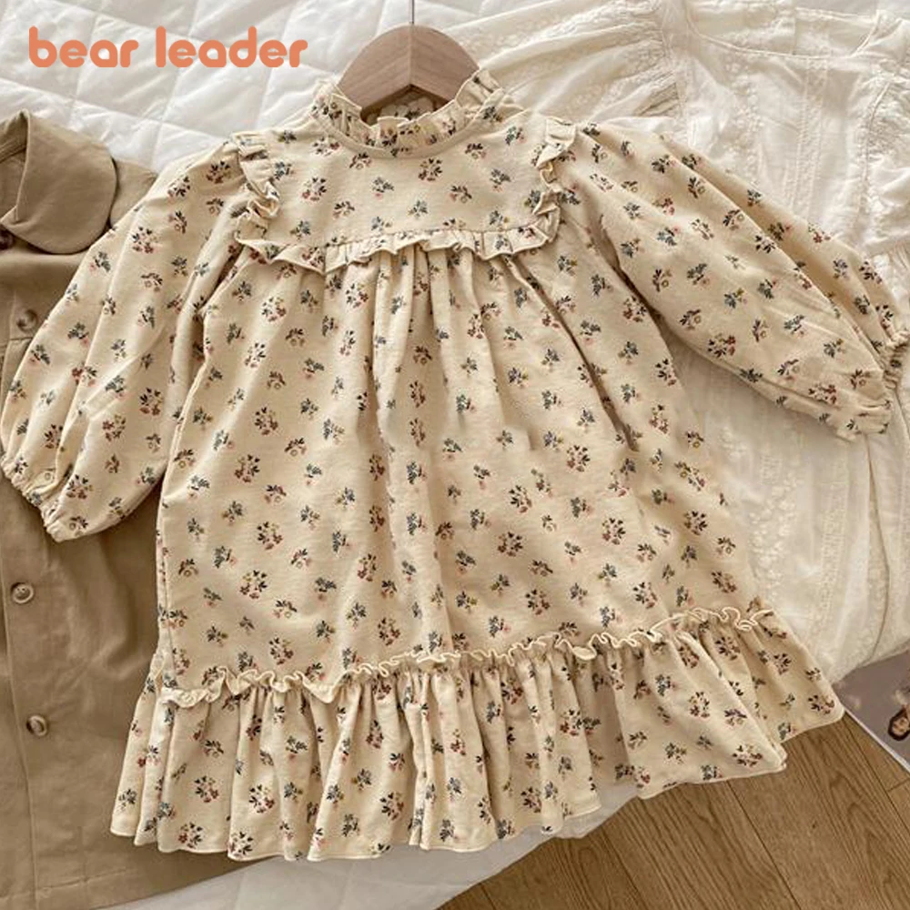 

Bear Leader/осеннее платье с длинными рукавами для девочек Новинка 2022 года, винтажное платье принцессы с цветочным рисунком повседневная одежда ...