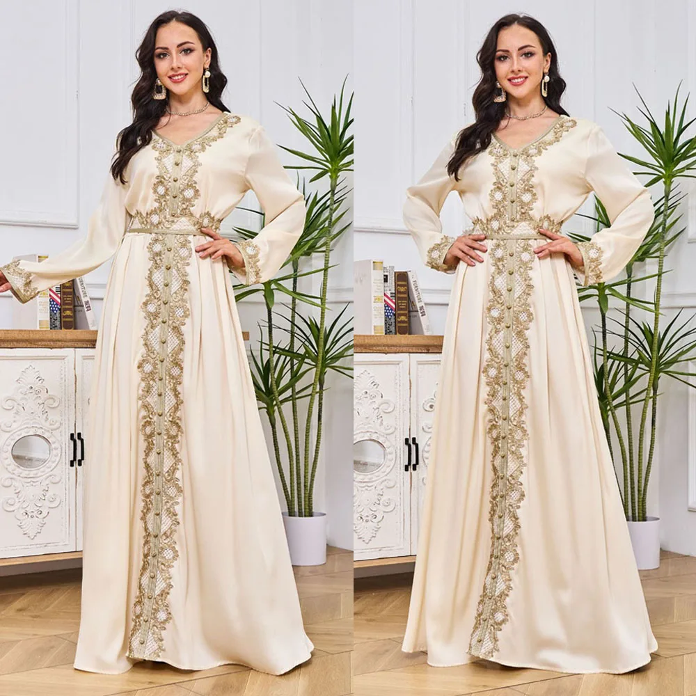 

Moroccan Kaftan Lace Embroidered Belted Arabic Long Dresses for Women Muslim Dubai Party Wedding Abaya Jalabiya Islamic Clothing