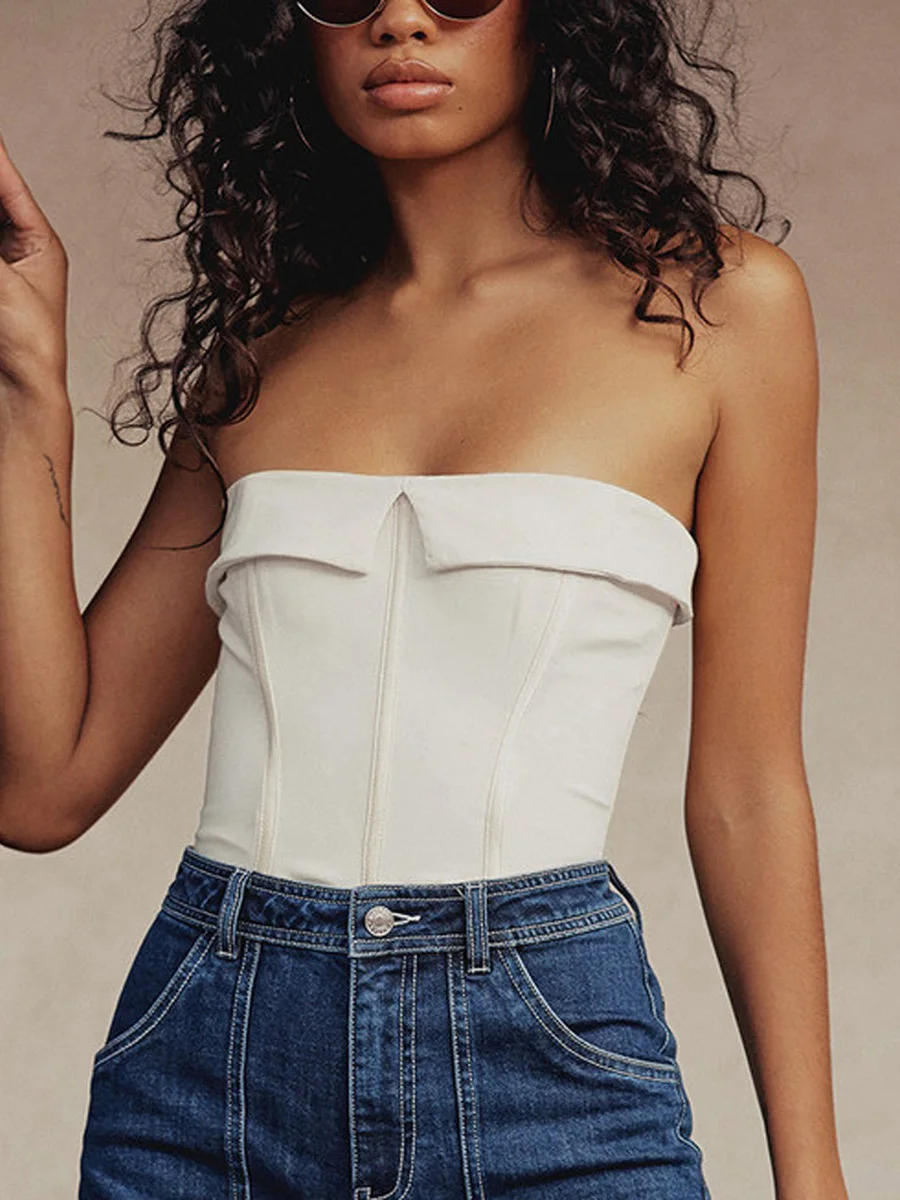 

Hirigin Women Corset Bandeau Tops Y2k Solid Color Summer Casual Strapless Zipper Sleeveless Off-shoulder Crop Tops Streetwear