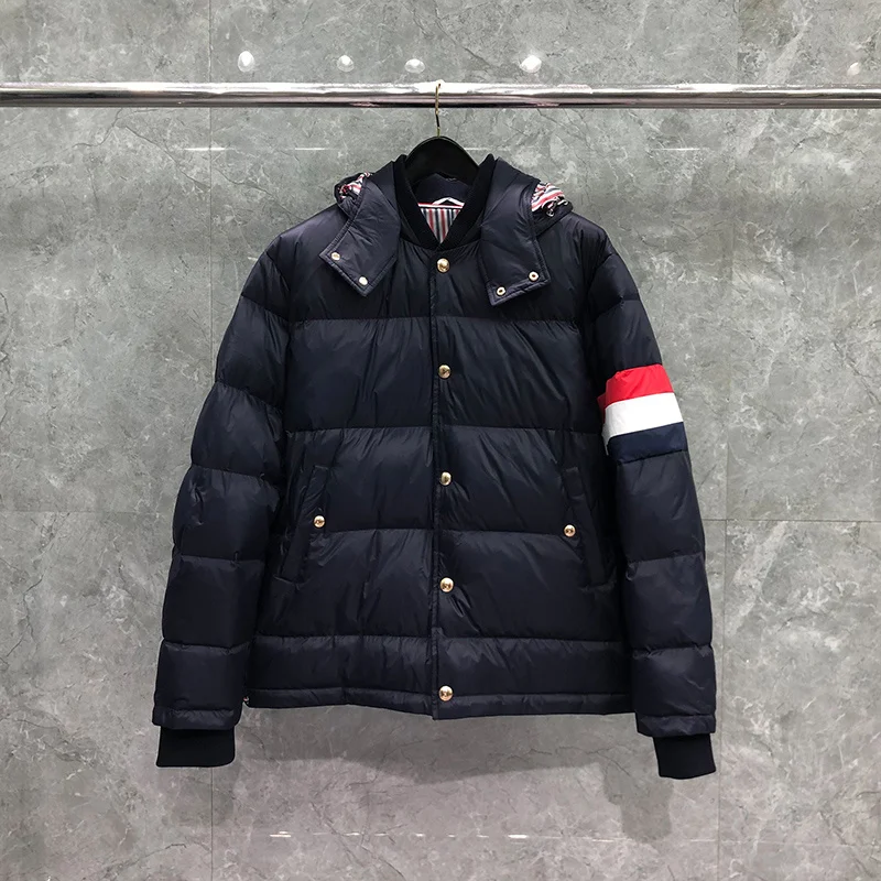 

THOM TB Winter Men's Jacket Down Jacket Fashion Brand Navy Hoodies Coat Down-Filled Matte Nylon RWB Stripe Wholesale TB Jackets