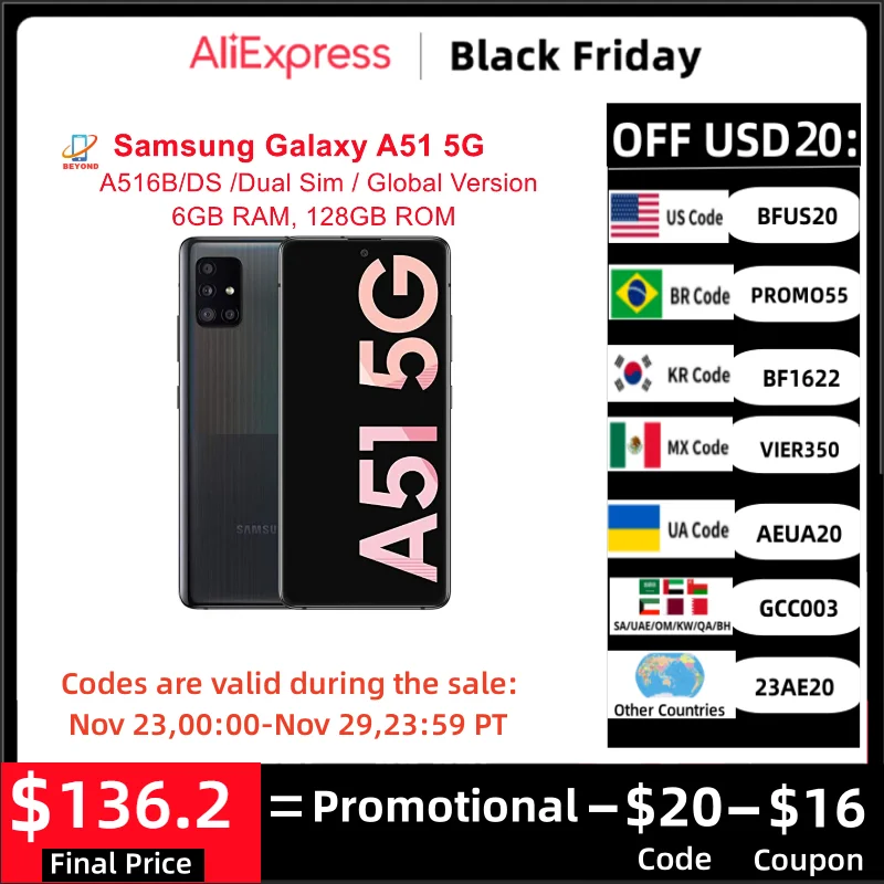 

Samsung Galaxy A51 5G A516B/DS Dual Sim Global Version 6.5" 6GB RAM 128GB Octa Core 4 Camera NFC Exynos