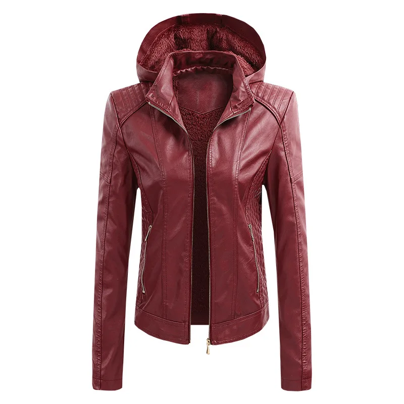 Women's Leather Jackets Detachable Hooded PU Coats 2022 Autumn Fashion Ladies Solid Color jacket All-match