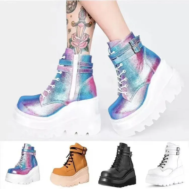 

Winter Women's Muffin Motorcycle Boots Colorful High-top Casual Shoes Thick-soled Wedge-heeled Side Zipper Flat Boots Women