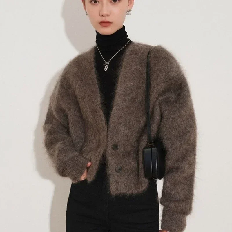 

Knit Tops for Woman Grey Cardigan Women's Sweater Short V-neck Crop Trend 2023 Korean Luxury Designer Tall Crochet Cold Winter