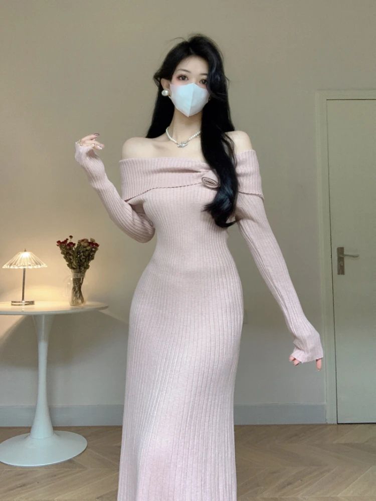 Женское трикотажное платье с открытыми плечами винтажное Элегантное Длинное