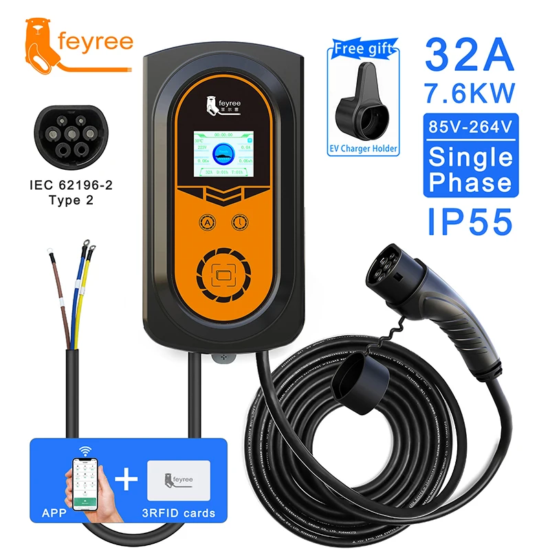 EV Charging Station Type2 Cable 32A 7.6KW Electric Vehicle Car Charger EVSE Wallbox Wall Mount IEC62196-2 Connector APP Control