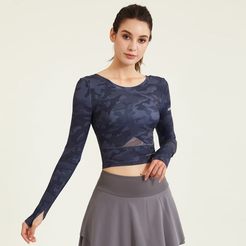 Women Camouflage Yoga Shirt Mesh Breathable Back Tops Running Long Sleeve Blouse Workout Gym Tie Dye T-Shirt With Thumb Holes