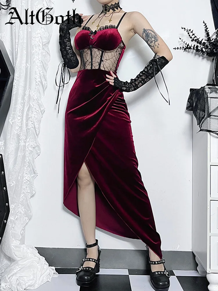 

Женское бархатное платье на бретелях AltGoth Mall, эстетическое платье в стиле гранж, Хэллоуин, Сетчатое лоскутное платье с паутиной сеткой