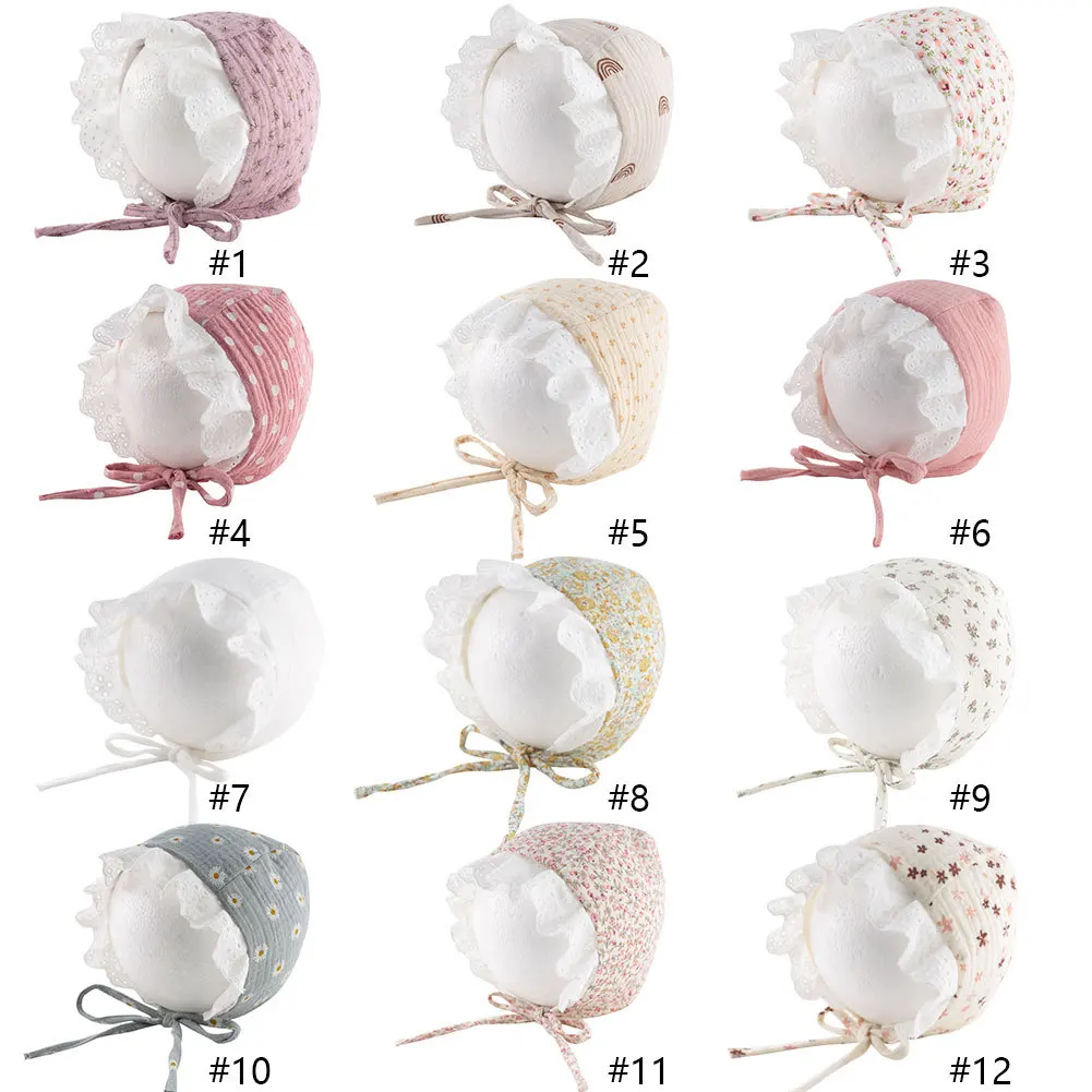 

12pc/lot Cotton Baby Sun Bucket Hat Retro Floral Rainbow Print Lace Up Palace Beanie Adjustable Tie Cap 0-12M Newborn Headwear