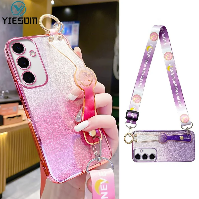 Блестящий чехол с ремешком на запястье для телефона Samsung Galaxy S24 S23 S22 S21 S20 Ultra Plus FE