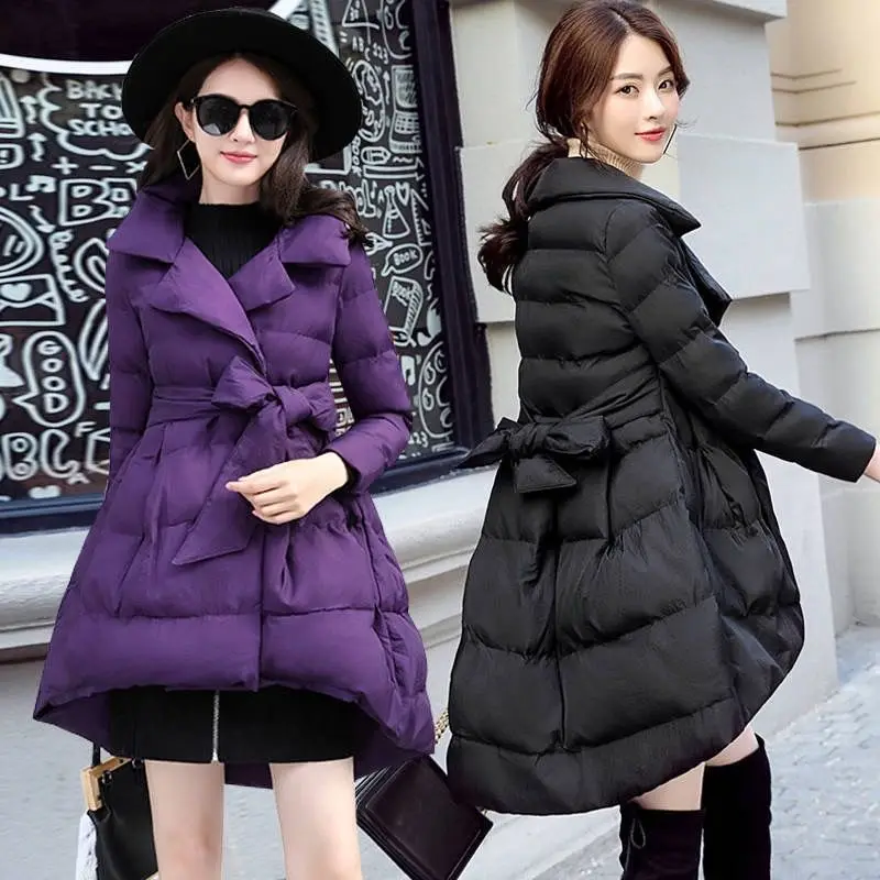 New Women's Winter Irregular Fashion Down Jacket A-line Bow Mid-length Warm Jacket Waist Waist Winter Women Coat