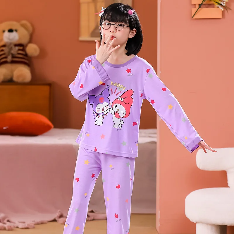 

Новинка, весенне-Осенняя детская пижама Sanrio в стиле аниме Kitty, милая мультяшная Пижама Cinnamoroll Kuromi для мальчиков и девочек с длинным рукавом, топы