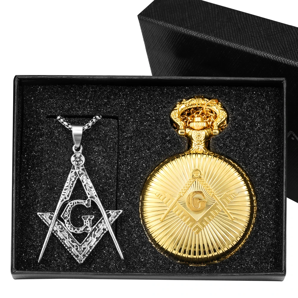 Luxurious Golden Masonic Pocket Watch Set Man's Quartz Pocket Clock Fashion Necklace Perfect Gifts with Box for Boyfriend Father