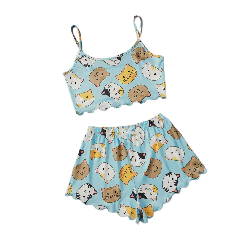 

Пижамный комплект Housecoat, топ на бретельках с принтом мультяшного кота и шорты с бантом