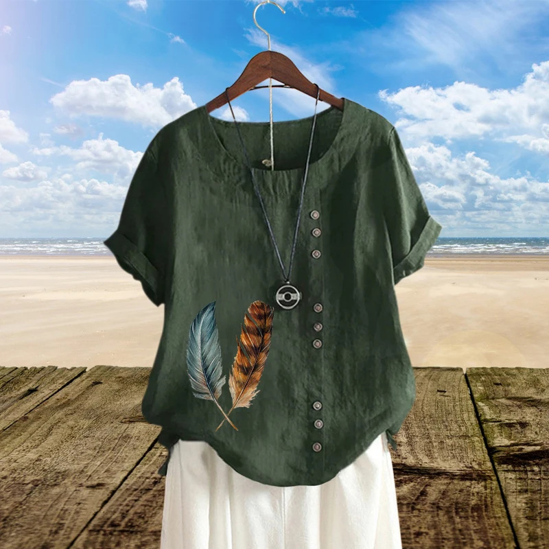 

New Arrival Multicolor Ladies Blouse Personality Feather Printed Linen T Shirt Leisure Loose Round Neck Short Sleeve Top XS-5XL