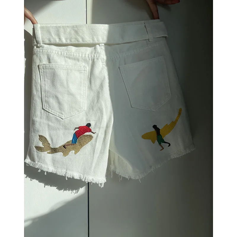 Women Embroidered Vintage High Waist White Short 2023 Summer Vacation Beach Wear