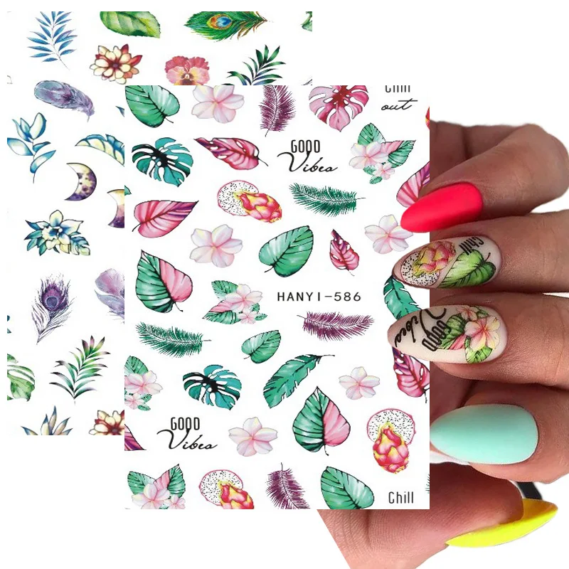3D Back Glue Nail Stickers Summer Tropical Palm Leafs Flowers Transfer Slider Nail Art Decoration Create Beauty Nail Art Decals