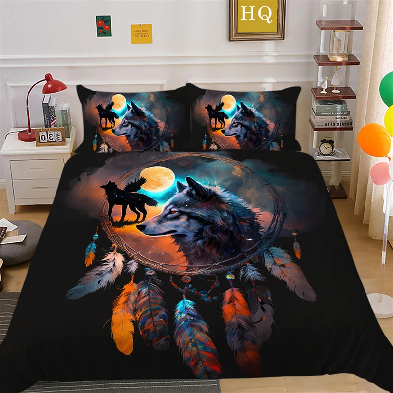 

Levkme Home Textile Kit 3D Dreamcatcher Wolf Printed Polyester Quilt Cover + Pillowcase Kids Adults Duvet Cover Set XF1219